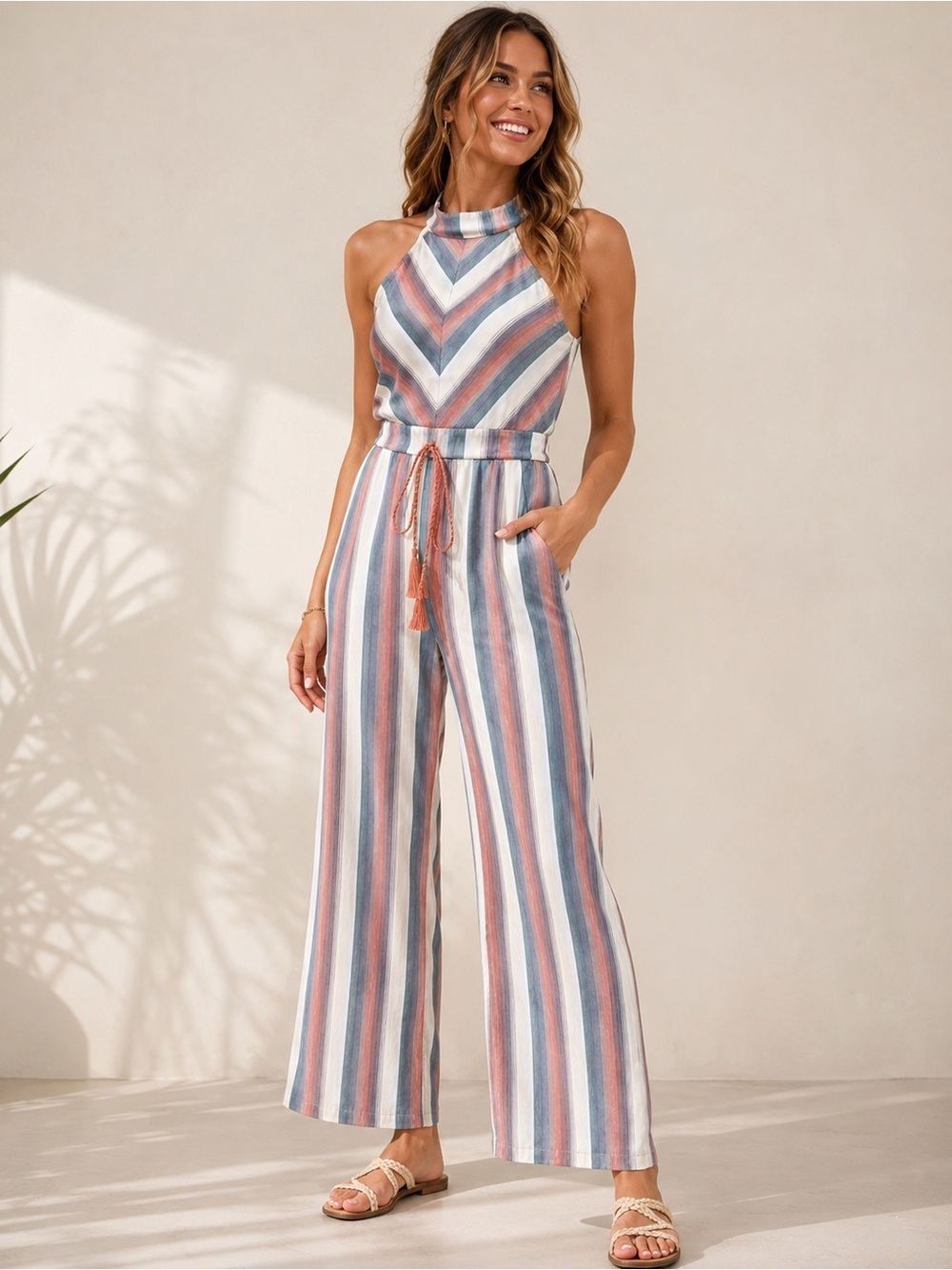 Crystal Sky Women’s Striped Halter Jumpsuit Size 6 – Back Zip, Summer